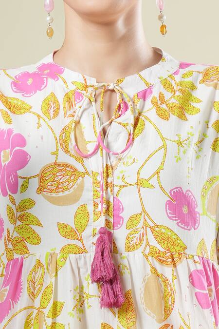 Buy_Samyukta Singhania_Multi Color Cotton Tassels Round Neck Floral Print Dress_Online_at_Aza_Fashions