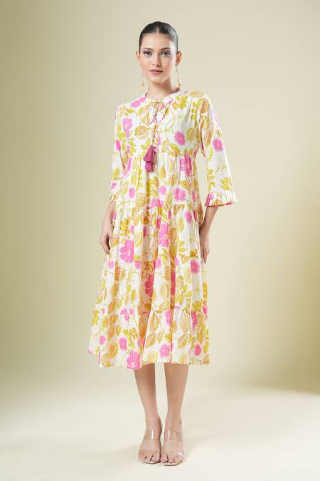 Shop_Samyukta Singhania_Multi Color Cotton Tassels Round Neck Floral Print Dress_Online_at_Aza_Fashions