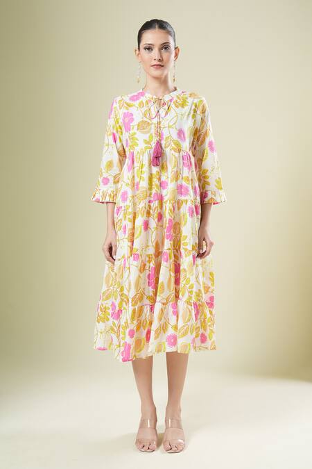 Samyukta Singhania_Multi Color Cotton Tassels Round Neck Floral Print Dress_at_Aza_Fashions
