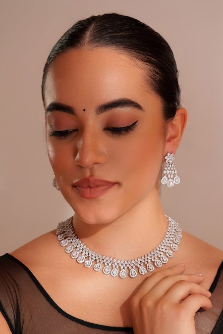 ZEVAR BY GEETA White Diamonds Designer Faux Necklace And Earrings Set 