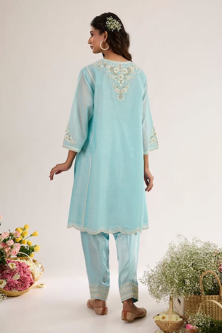 Shop saina kapoor Blue Chanderi, Satin, Organza Embroidery Split V-neck Powder Kurta Set at Aza Fashions Shop_saina kapoor_Blue Chanderi, Satin, Organza Embroidery Split V-neck Powder Kurta Set _at_Aza_Fashions