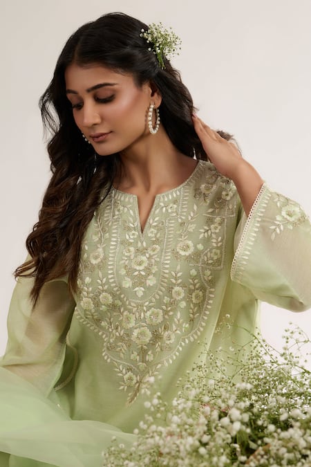 Shop saina kapoor Mint Chanderi, Satin, Organza Embroidery Round Neck Green Kurta Set Online at Aza Fashions Shop_saina kapoor_Mint Chanderi, Satin, Organza Embroidery Round Neck Green Kurta Set _Online_at_Aza_Fashions