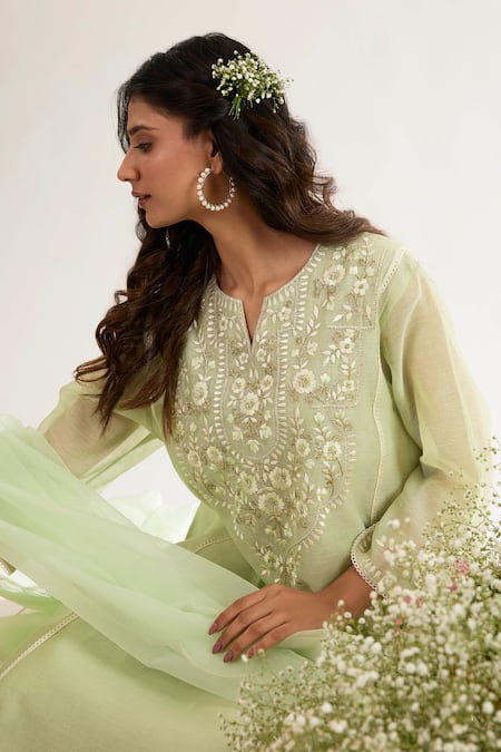 Buy saina kapoor Mint Chanderi, Satin, Organza Embroidery Round Neck Green Kurta Set Buy_saina kapoor_Mint Chanderi, Satin, Organza Embroidery Round Neck Green Kurta Set