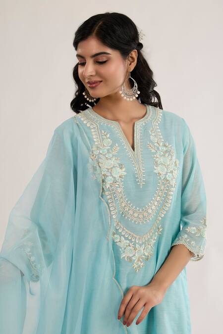 Buy saina kapoor Blue Chanderi, Satin, Organza Embroidery Split V-neck Kurta Set Online at Aza Fashions Buy_saina kapoor_Blue Chanderi, Satin, Organza Embroidery Split V-neck Kurta Set _Online_at_Aza_Fashions