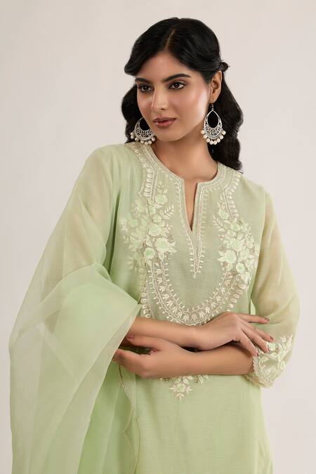 Buy_saina kapoor_Mint Chanderi, Satin, Organza Embroidery Split V-neck Green Kurta Set _Online_at_Aza_Fashions