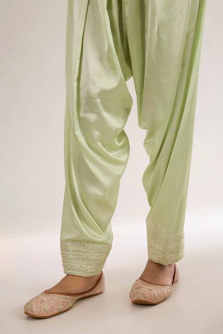 Shop_saina kapoor_Mint Chanderi, Satin, Organza Embroidery Split V-neck Green Kurta Set _Online_at_Aza_Fashions