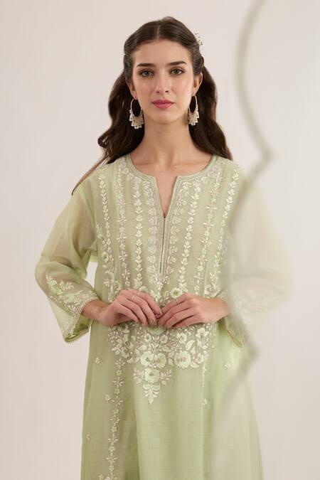 Shop saina kapoor Mint Chanderi, Satin, Organza Embroidery Split V-neck Green Kurta Set Online at Aza Fashions Shop_saina kapoor_Mint Chanderi, Satin, Organza Embroidery Split V-neck Green Kurta Set _Online_at_Aza_Fashions