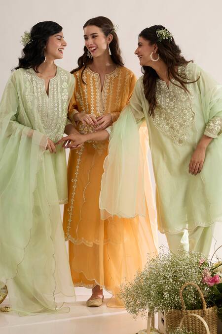 Shop saina kapoor Mint Chanderi, Satin, Organza Embroidery Split V-neck Green Kurta Set Shop_saina kapoor_Mint Chanderi, Satin, Organza Embroidery Split V-neck Green Kurta Set