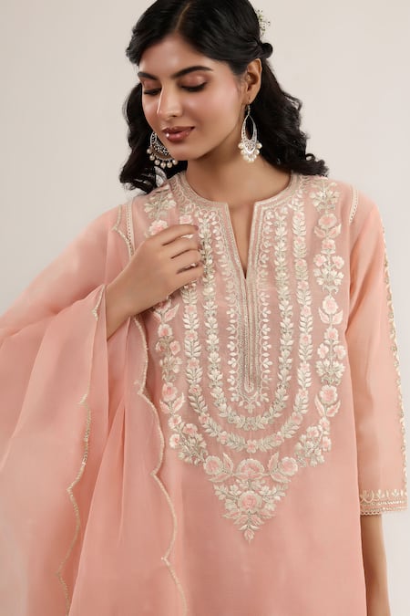 Shop_saina kapoor_Blush Chanderi, Satin, Organza Embroidery Split V-neck Pink Kurta Set _Online_at_Aza_Fashions