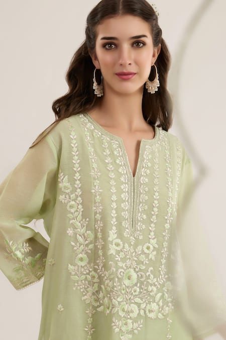 Buy saina kapoor Mint Chanderi, Organza Embroidery, Lace Split V-neck Green Kurta Set Online at Aza Fashions Buy_saina kapoor_Mint Chanderi, Organza Embroidery, Lace Split V-neck Green Kurta Set _Online_at_Aza_Fashions