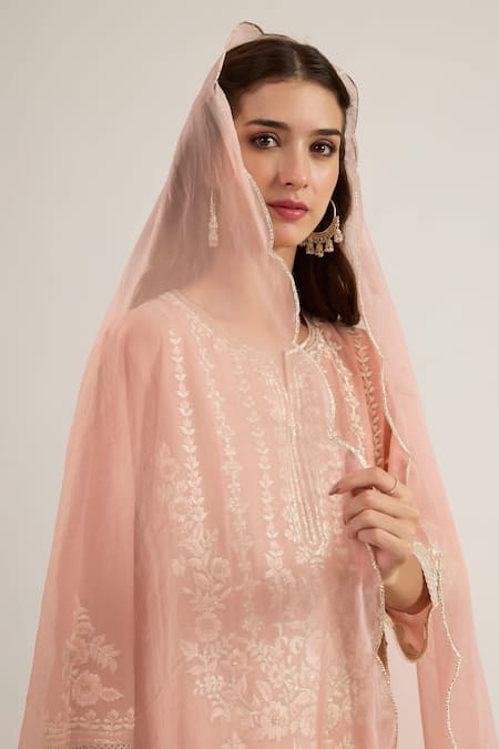 saina kapoor_Blush Chanderi, Organza Embroidery Split V-neck Kurta Set _Online_at_Aza_Fashions