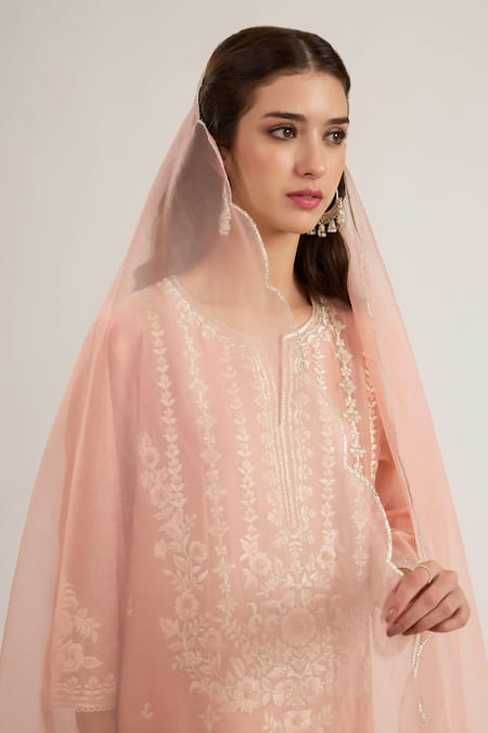Shop_saina kapoor_Blush Chanderi, Organza Embroidery Split V-neck Kurta Set _Online_at_Aza_Fashions
