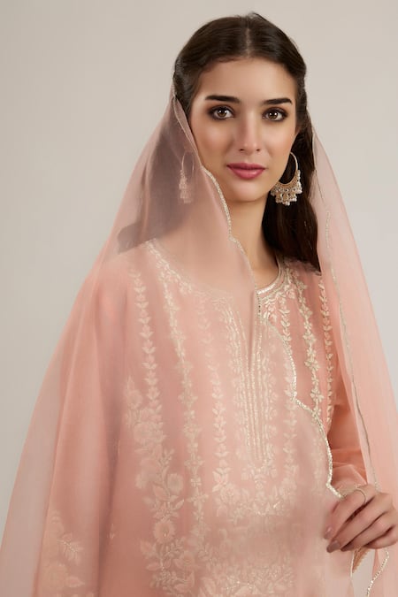 saina kapoor_Blush Chanderi, Organza Embroidery Split V-neck Kurta Set _at_Aza_Fashions