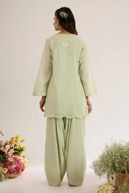 Shop_saina kapoor_Mint Chanderi, Organza Embroidery Keyhole Neck Green Kurta Set _at_Aza_Fashions