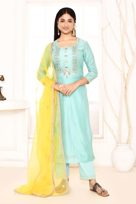 Abbaran Blue Chanderi, Cotton, Organza Embroidery, Gota Patti Hand Straight Kurta Set 