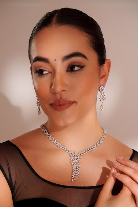 ZEVAR BY GEETA White Diamonds Designer Faux Necklace And Earrings Set 