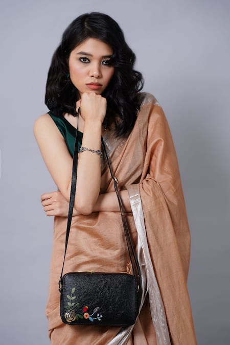 Miri Black Embroidery, Zari Hand Golden Rose Sling Bag 