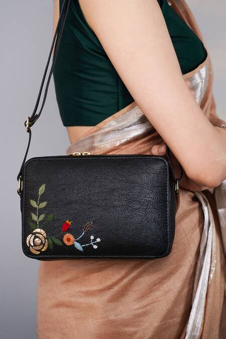 Shop_Miri_Black Embroidery, Zari Hand Golden Rose Sling Bag _Online_at_Aza_Fashions