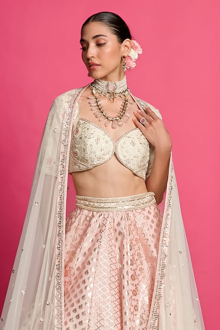Priyanka Jain_Pink Cotton, Chanderi, Net Sequins, Pearls Rose Royale Ombre-dyed Lehenga Set _Online_at_Aza_Fashions