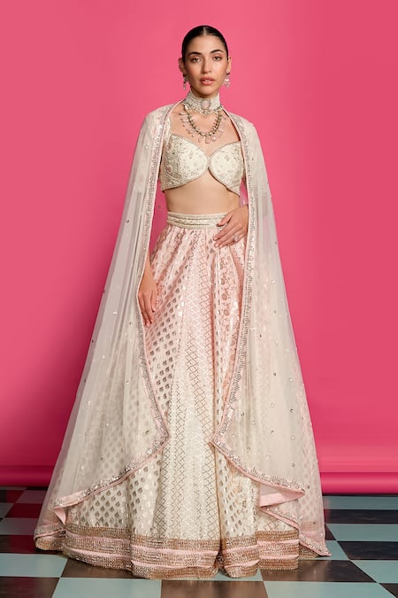Buy_Priyanka Jain_Pink Cotton, Chanderi, Net Sequins, Pearls Rose Royale Ombre-dyed Lehenga Set _Online_at_Aza_Fashions