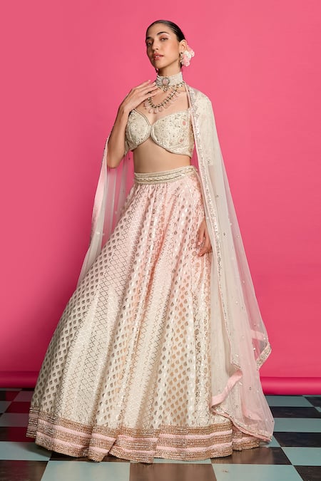 Shop_Priyanka Jain_Pink Cotton, Chanderi, Net Sequins, Pearls Rose Royale Ombre-dyed Lehenga Set _Online_at_Aza_Fashions