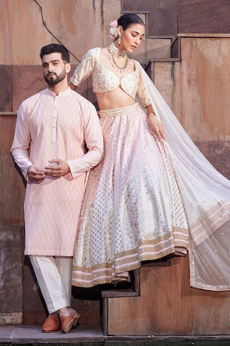 Buy_Priyanka Jain_Pink Cotton, Chanderi, Net Sequins, Pearls Rose Royale Ombre-dyed Lehenga Set 