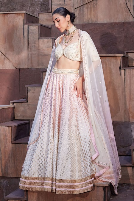 Shop_Priyanka Jain_Pink Cotton, Chanderi, Net Sequins, Pearls Rose Royale Ombre-dyed Lehenga Set 