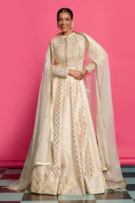 Priyanka Jain Ivory Cotton, Chanderi, Net Pearls, Sequins, Embroidery Empress Anarkali Set 