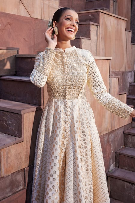 Priyanka Jain Ivory Cotton, Chanderi, Net Pearls, Sequins, Embroidery Empress Anarkali Set at Aza Fashions Priyanka Jain_Ivory Cotton, Chanderi, Net Pearls, Sequins, Embroidery Empress Anarkali Set _at_Aza_Fashions