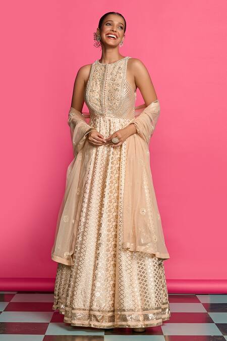 Priyanka Jain_Rose Gold Cotton, Chanderi, Net Sequins, Pearls, Vintage Anarkali Set _Online_at_Aza_Fashions