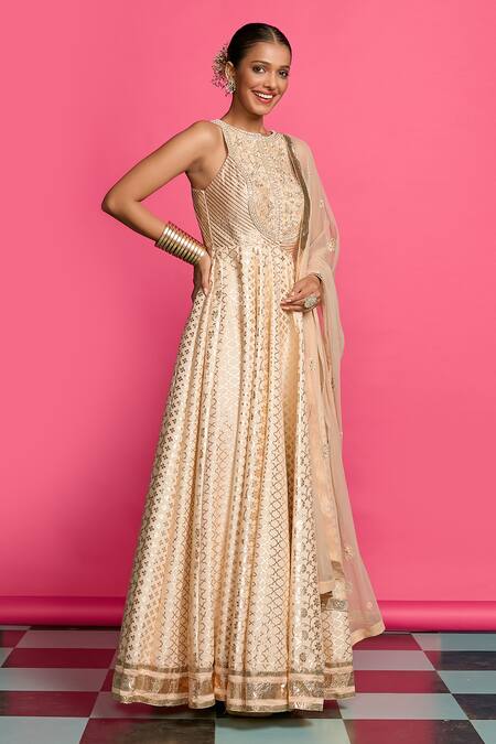 Buy_Priyanka Jain_Rose Gold Cotton, Chanderi, Net Sequins, Pearls, Vintage Anarkali Set _Online_at_Aza_Fashions