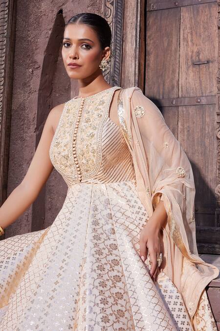 Shop_Priyanka Jain_Rose Gold Cotton, Chanderi, Net Sequins, Pearls, Vintage Anarkali Set _Online_at_Aza_Fashions