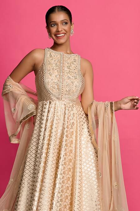 Buy_Priyanka Jain_Rose Gold Cotton, Chanderi, Net Sequins, Pearls, Vintage Anarkali Set 