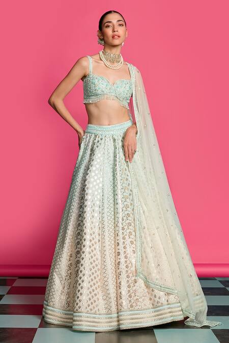 Priyanka Jain_Blue Cotton, Chanderi, Silk, Net Sequins, Pearls Ombre-dyed Lehenga Set _Online_at_Aza_Fashions