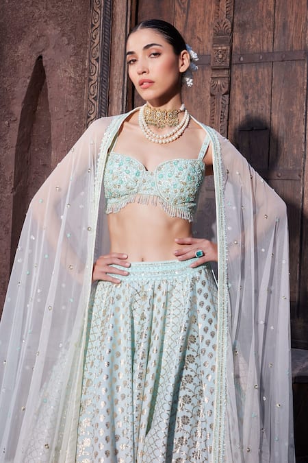 Buy_Priyanka Jain_Blue Cotton, Chanderi, Silk, Net Sequins, Pearls Ombre-dyed Lehenga Set _Online_at_Aza_Fashions