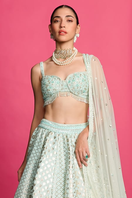 Shop_Priyanka Jain_Blue Cotton, Chanderi, Silk, Net Sequins, Pearls Ombre-dyed Lehenga Set _Online_at_Aza_Fashions