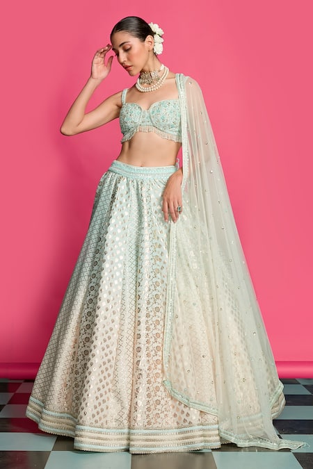 Priyanka Jain_Blue Cotton, Chanderi, Silk, Net Sequins, Pearls Ombre-dyed Lehenga Set _at_Aza_Fashions