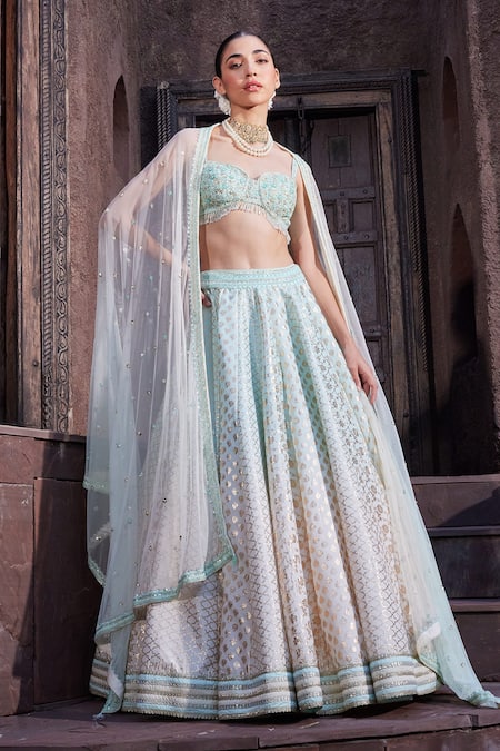 Priyanka Jain Blue Cotton, Chanderi, Silk, Net Sequins, Pearls Ombre-dyed Lehenga Set 