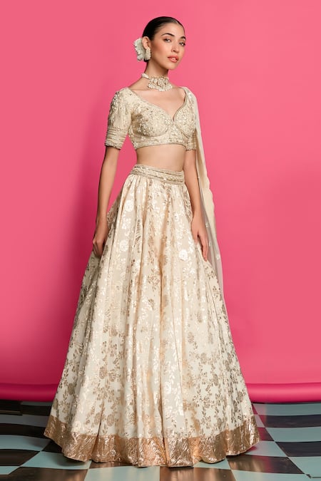 Priyanka Jain_Gold Cotton, Chanderi, Net Sequins, Pearls, Embroidery Round Bloom Lehenga Set _Online_at_Aza_Fashions
