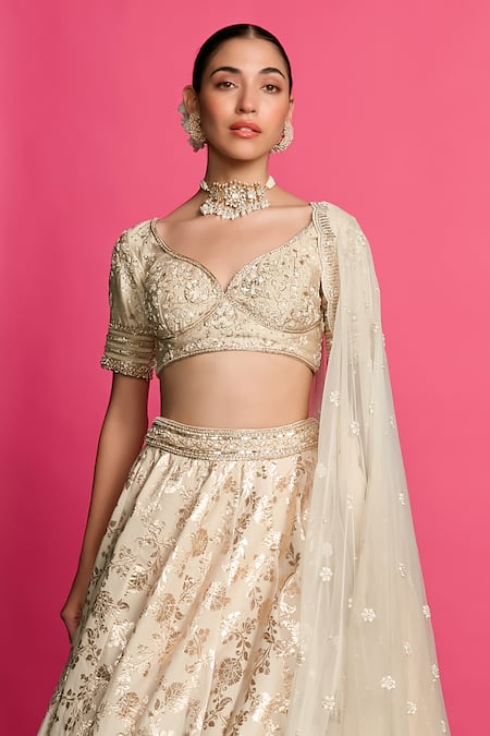 Buy_Priyanka Jain_Gold Cotton, Chanderi, Net Sequins, Pearls, Embroidery Round Bloom Lehenga Set _Online_at_Aza_Fashions