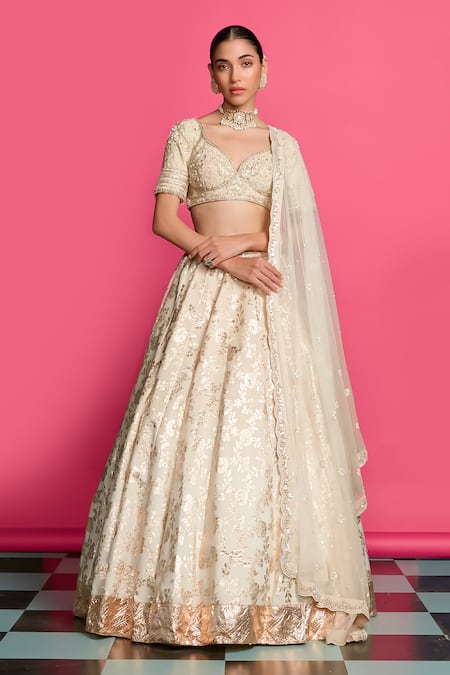 Priyanka Jain Gold Cotton, Chanderi, Silk, Denim, Net Sequins, Pearls, Bloom Lehenga Set 