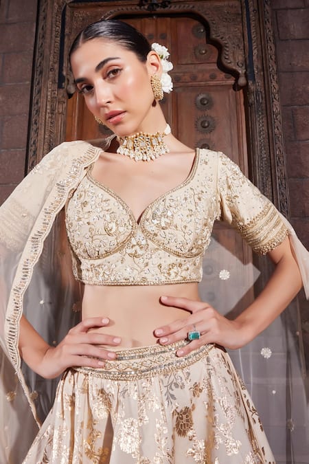 Shop_Priyanka Jain_Gold Cotton, Chanderi, Net Sequins, Pearls, Embroidery Round Bloom Lehenga Set _Online_at_Aza_Fashions