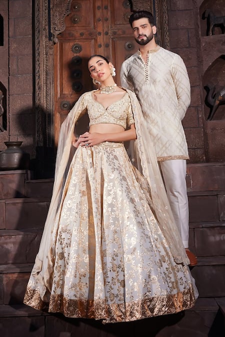Buy_Priyanka Jain_Gold Cotton, Chanderi, Net Sequins, Pearls, Embroidery Round Bloom Lehenga Set 