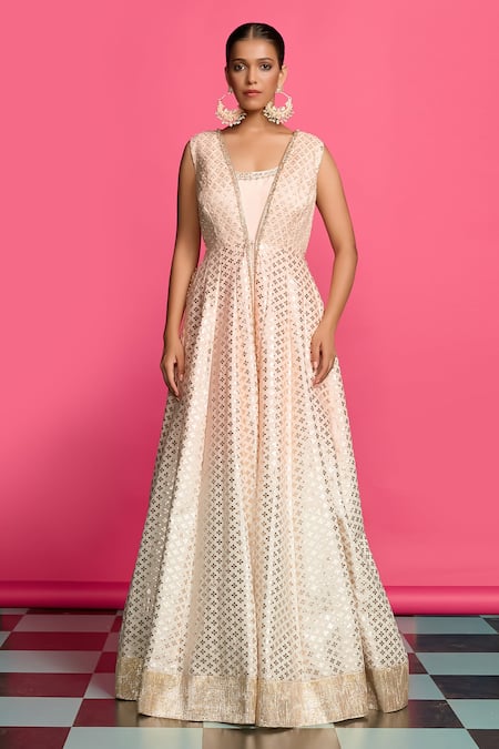 Buy_Priyanka Jain_Peach Cotton, Chanderi, Silk Sequins, Pearls V-neck Ombre Layered Anarkali Set _Online_at_Aza_Fashions