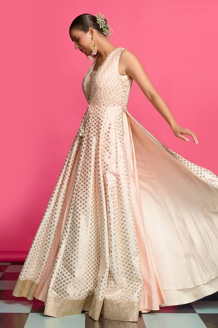 Shop_Priyanka Jain_Peach Cotton, Chanderi, Silk Sequins, Pearls V-neck Ombre Layered Anarkali Set _Online_at_Aza_Fashions