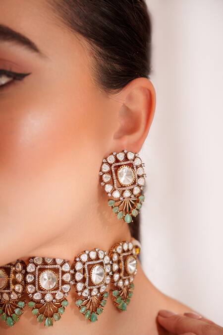 Buy_Zevar By Geeta_Aqua Imitation Diamonds Kundan Polki Necklace And Earring Set_Online_at_Aza_Fashions