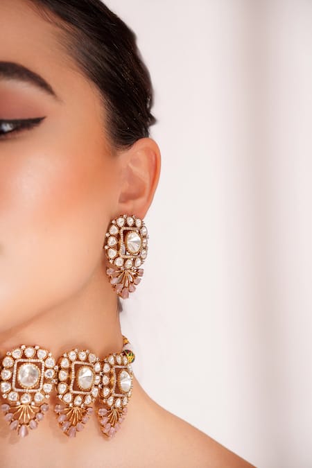 Buy_Zevar By Geeta_Pink Imitation Diamonds Kundan Polki Two Tone Necklace And Earrings Set _Online_at_Aza_Fashions