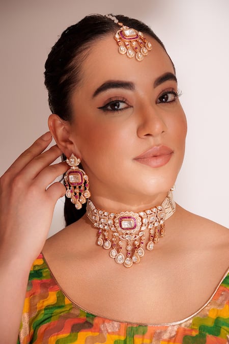 ZEVAR BY GEETA Red Diamonds Kundan Polki Designer Jewellery Set 