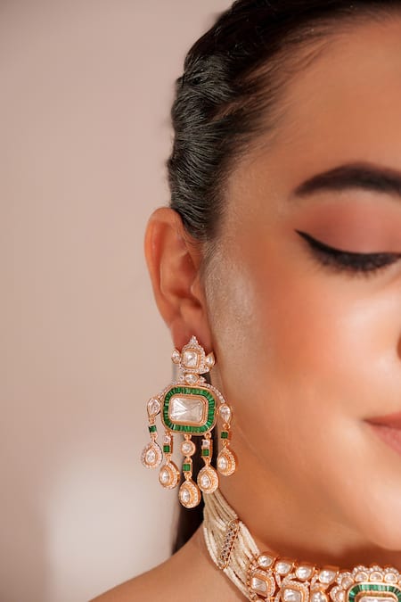 Shop_Zevar By Geeta_Green Diamonds, Stones Kundan Polki Designer Jewellery Set _Online_at_Aza_Fashions