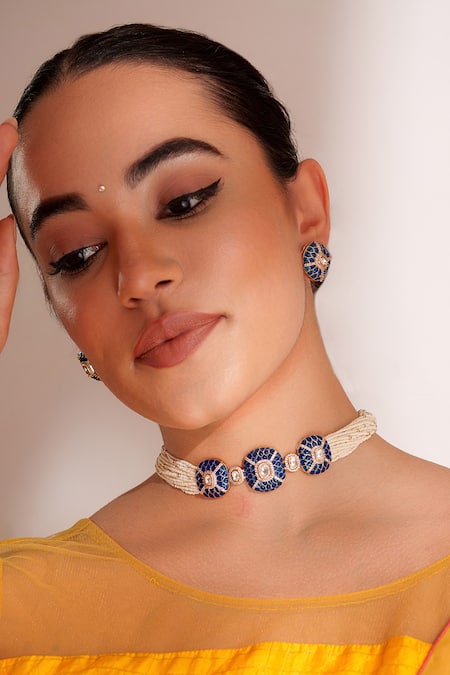 ZEVAR BY GEETA Blue Stones Kundan Polki Necklace And Earring Set 